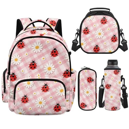 POLERO Ladybug Backpack for Girls Age 6-14 Girly Bookbag with Lunch Box for Elementary Middle School Bags 17 with Wide Padded Strap