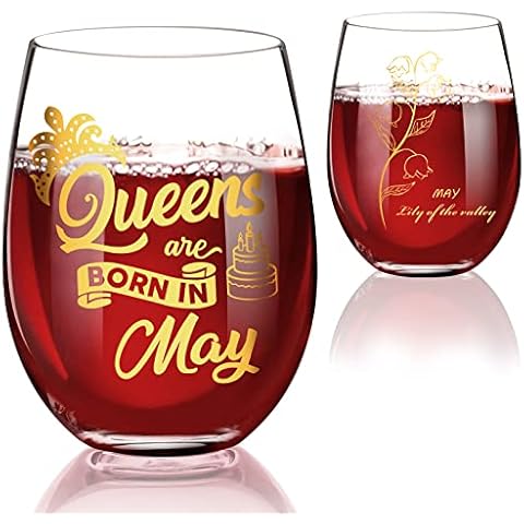 Queens Are Born In May Wine Glass Birthday Gifts Taurus and Gemini Zodiac Birthday Gifts for Women,Mom,Wife,Girlfriends,Best Friends,Sister,Daughter,20oz Month Flower Stemless Wine Glasses Cover
