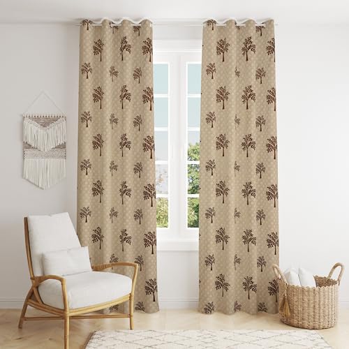 Image of Printed Tree 2 Piece Polyester Home & Living Room Eyelet Door Curtain - 7 Feet, Coffee Brown