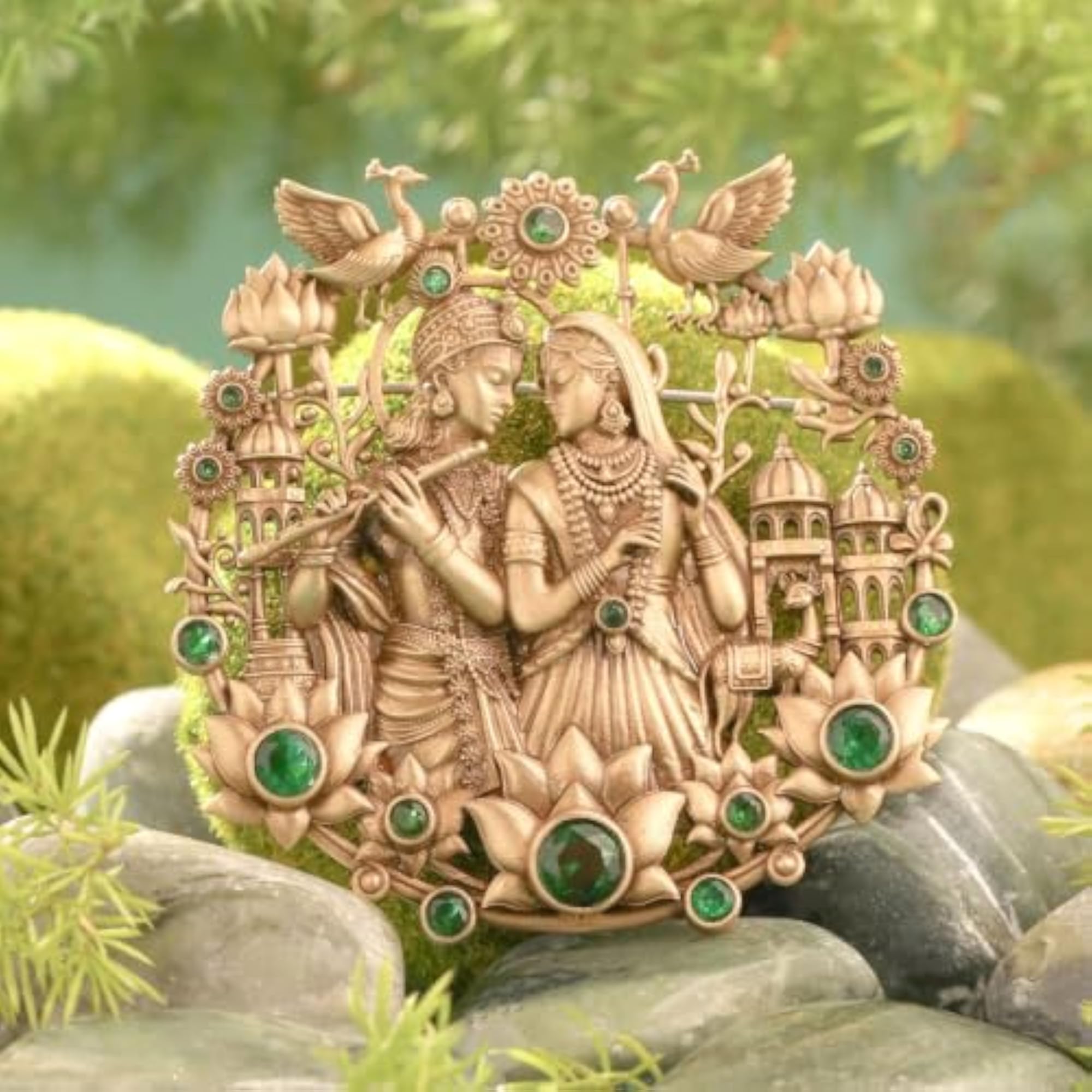 Antique Brass Radha Krishna Brooch, Divine Symbol