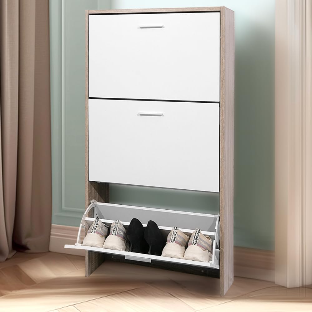 CASABEL, Mueble Zapatero de 18 Pares, Estantería de Gran Capacidad para vestíbulo o Pasillo, (Ancho) 60 x (Profundidad) 24 x (Alto) 113 cm, Madera Clara Blanca