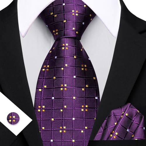 Image of YOHOWA Men Plaid /Striped Ties Set Silk Business Wedding Formal Fashion Necktie and Pocket Square Cufflinks Set
