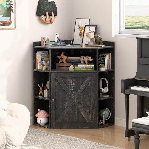 Image of Halitaa Corner Storage Cabinet, Farmhouse Corner Bookshelf with Storage 6-Cubby Wooden Cabinet with USB Ports and Outlets Industrial Organizer for Small Space, Study, Playroom, Living Room