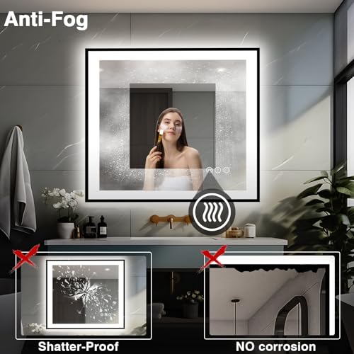 40x38 Lighted Mirrors for Bathroom Wall - Black Aluminum Framed (Front and Backlit), Anti-Fog LED Vanity Mirror, Shatter-Proof Lighted Mirror, 3 Colors Memory Mirror (Horizontal/Vertical)