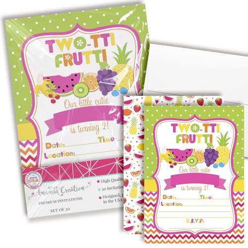 Tutti-Frutti Sweet and Juicy 2nd Birthday Party Invitations, 20 5x7 Fill In Cards with Twenty White Envelopes by AmandaCreation