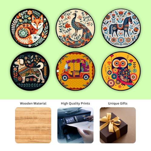 Image of Zesta Coasters for Cups Set of 6 / Wooden Coasters for Bar Accessories for Home /Tea Coaster Set of 6 / Waterproof Dining Table Decor Glass Cover (Animal A, Circle)