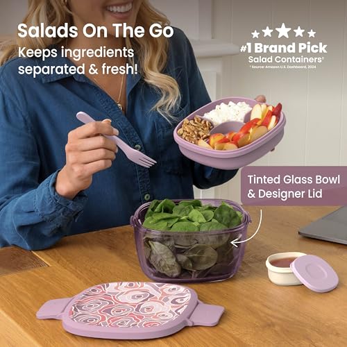 Image of Bentgo Glass Prints Salad Container - 7.6-Cup Tinted Glass Salad Bowl with Airtight Lid, Leak-Proof Sauce Container, 4-Compartment Bento Meal Prep Tray & Reusable Fork (Floral Maximalist - Bouquet)