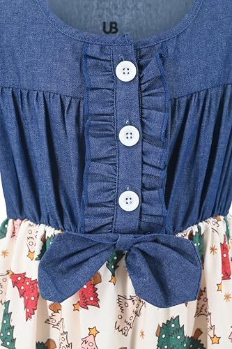Image of Unique Baby Girls Sleeveless Denim Dress with Knot Tie and Fun Print for Toddler and Big Kids