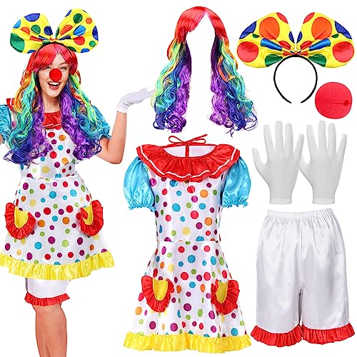 6 Pcs Clown Costume Set Women Circus Dress Rainbow Clown Wig Head...