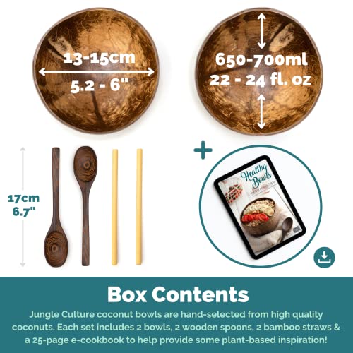Jungle Culture® Set di 2 Ciotole in Noce di Cocco con Cucchiai, 2 Cannucce di Bambù • Ciotola de Legno per servire l'insalata, Frullati di Acai Pasta Cereali • 100% Prodotto Naturale - immagine 3
