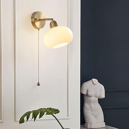 Miniatura 4 de Mid Century Modern Brass Wall Sconce with Milk Glass Shade Vintage Copper Finish Adjustable Farmhouse Bedside Lamp Pull Chain Switch for Bedroom