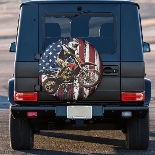 Image of Dirt Bike Racing Motocross Race American Flag Spare Tire Cover Weatherproof Wheel Protectors Dust-Proof Sun Protection Wheel Tire Covers Universal Fit for Truck SUV RV Camper Trailer 14 inch