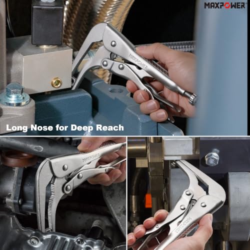 Image of MAXPOWER 7-inch 90 degree Offset Long Nose Locking Pliers, 2.75 inch Jaw | Serrated Long Jaws Locking Pliers for Tight Spaces