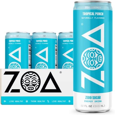 ZOA Zero Sugar Energy Drinks - Healthy Energy Formula with Vitamins, Electrolytes, Antioxidants, 160mg of Natural Caffeine - Tropical Punch, 12 Ounce (Pack of 12)