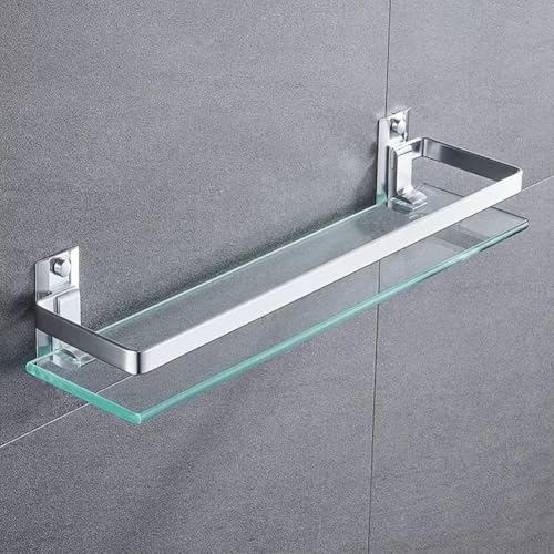 Biutimarden Estante de Cristal Transparente de 25 CM Montado en la Pared Estante De Baño de 5 MM de Grosor con Almacenamiento de Ducha de un Solo Nivel con Barandillas De Aluminio Anticaída