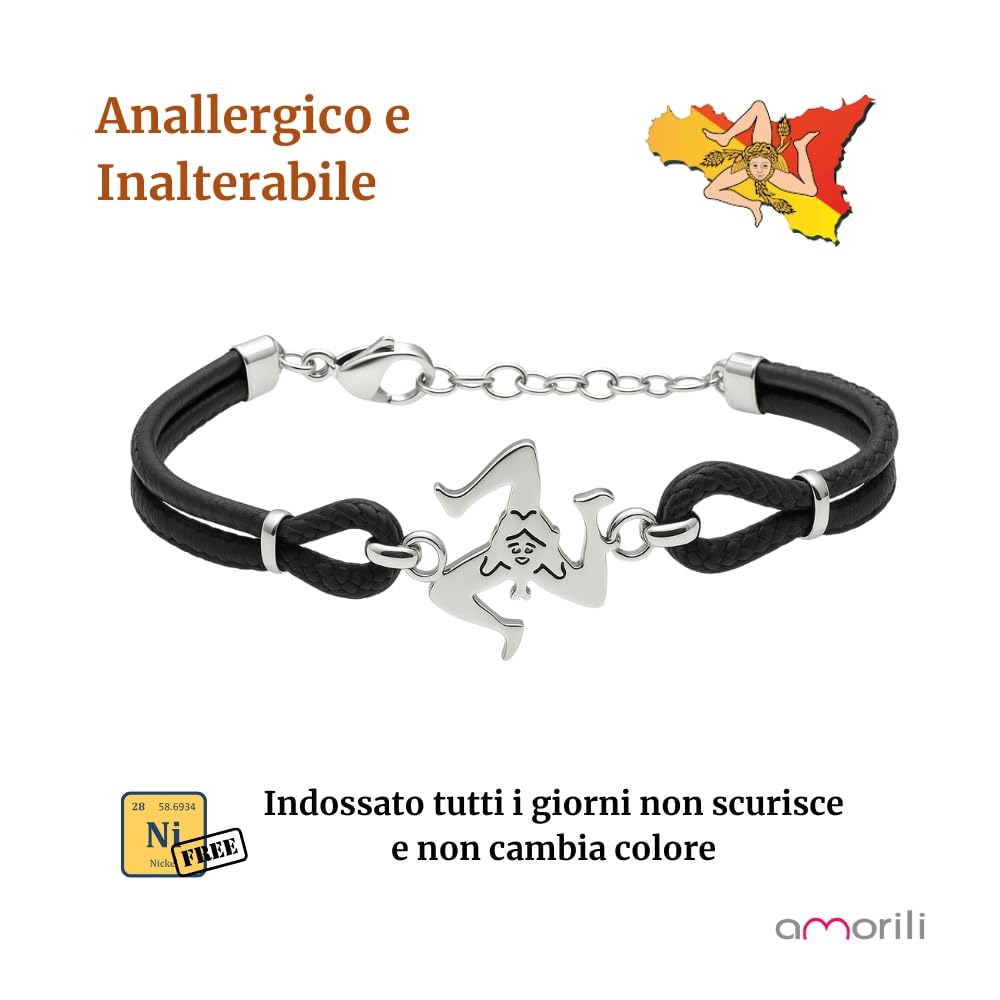 Bracciale Trinacria Siciliana Uomo Donna | Simbolo Sicilia in Acciaio Inox e Corda Nautica | Gioiello Artigianale Siciliano | Idea Regalo per Amanti della Sicilia