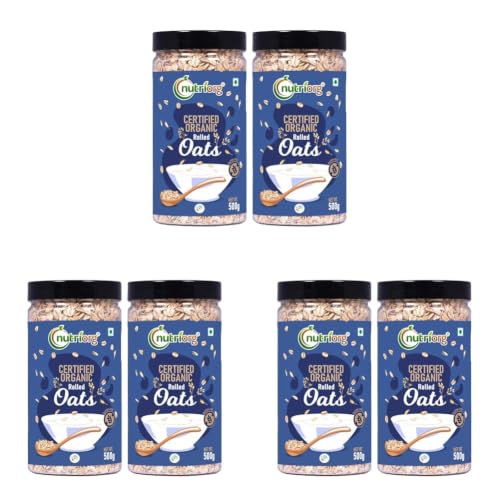Image of Nutriorg 100% Organic Rolled Oats 1000gm | Pack of 6 | Gluten Free | High protein | Weight loss | Fibre Rich | Easy to Cook | Overnight Oats | Nutritional Breakfast Cereal Oats | Air Tight Plastic Jars