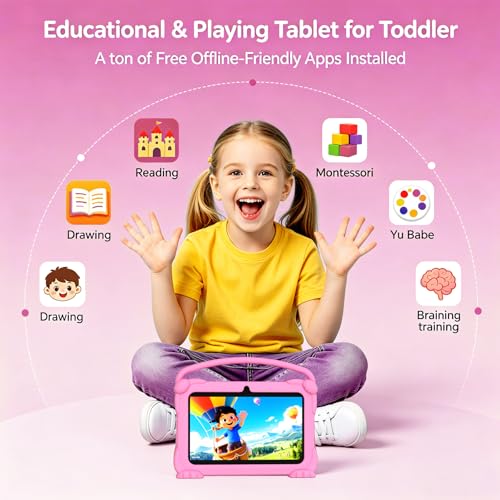 Image of Kids 7 inch Android 12 Tablet - 4GB RAM, 32GB ROM, 1TB Expandable, Toddler Shockproof Case, Parental Control, 1024 * 600 IPS Screen, 3000mAh Battery, Educational & Games, Pink