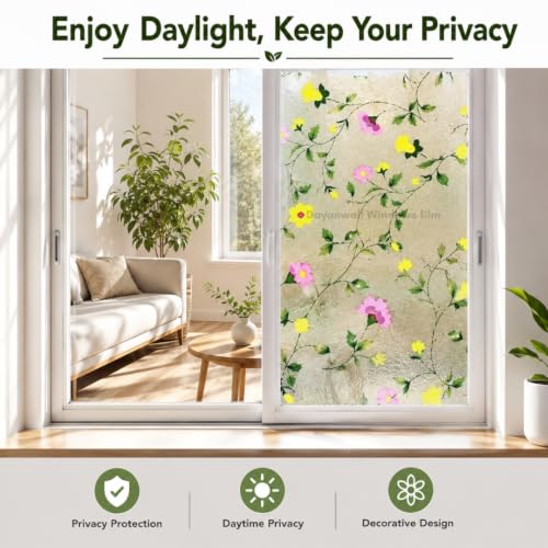 Image of Self Adhesive Window Privacy Film for Glass Windows & Doors | UV Blocking, Heat & Glare Reduction | Decorative Frosted Glass Film Easy to Apply (Frosted White with Yellow, 24X110 Inch)