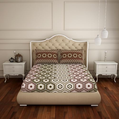 Image of Spaces Double Bedsheet | Premium 100% Cotton Bedsheet with 2 Pillow Covers | Super Soft, Breathable & Skin Friendly Bed Linen | Geometric Design | 224Cmx274Cm /43Cmx68Cm | Brown