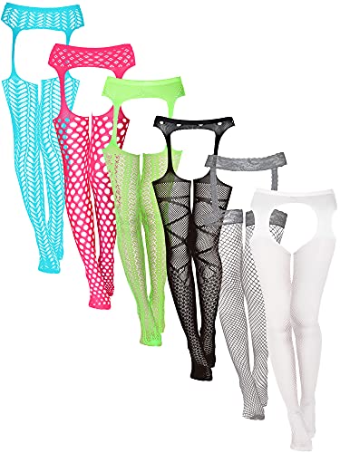 6 Pairs Women Fishnet Thigh High Stockings Garter Belts and Suspender Pantyhose Stockings for Halloween (Classic, White, Grey, Light Blue, Carmine, Fluorescent Green, Black,X-Large-XX-Large)