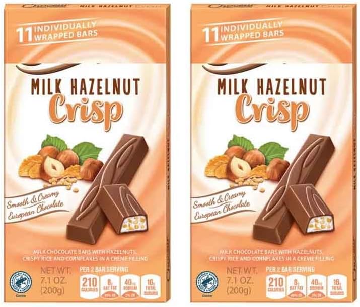 Milk Hazelnut Cream Filling With Crispy Rice, Cornflakes, Hazelnuts - Indivually Wrapped Chocolate Squares, Snack Snacking Food Mother or Father's Day Treat Dessert, 2 Choceur Pack, 7oz Each