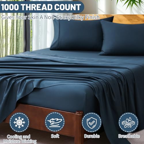 Image of Extra Deep Pocket Queen Sheets 18-24 Inch 100% Egyptian Cotton 1000 Thread Count Sateen Weave Soft Breathable 4 Pieces(Queen,Navy)
