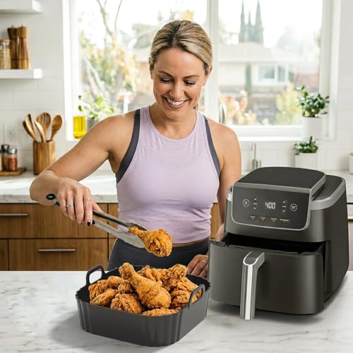 Image of Square Silicone Air Fryer Liners 2 Pack, 8.5 Inch Reusable Air Fryer Liners for 5-6.5QT, Compatible with Ninja AF141 /AF181, COSORI, Non-Stick Silicone Basket Accessories