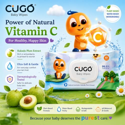 Image of Baby Wipes, Gentle on Sensitive Skin, Plant-Based Fabric, 99.5% Water-Based, Natural Australian Kakadu Plum Infused, Dermatologically Tested, Newborn Safe, Biodegradable | Pack of 8