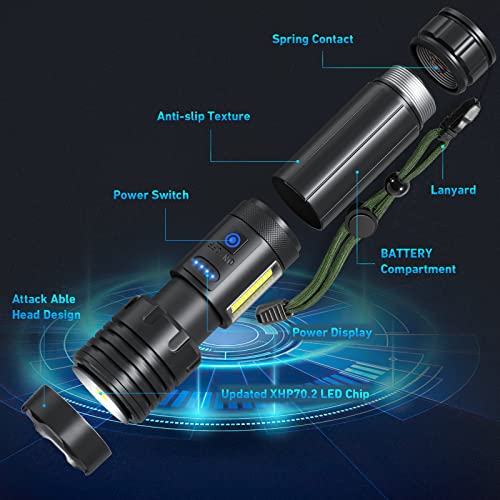 Flashlights High Lumens Rechargeable, 200000 Lumens Super Bright Led Flashlight, 7 Modes With Cob Work Light, Ipx6 Waterproof, Handheld Powerful Flash Light For Hu∩Ting, Camping, Emergencies #TOP7