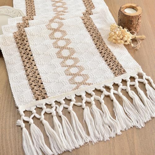 FEXIA Boho Table Runner for Hoilday with Tassels 90 Inches Long for Rustic Farmhouse Home Decor Macrame Bohemian Pottery barn Furniture Table Decoration Dining Bedroom Decor (12x90 Inches)