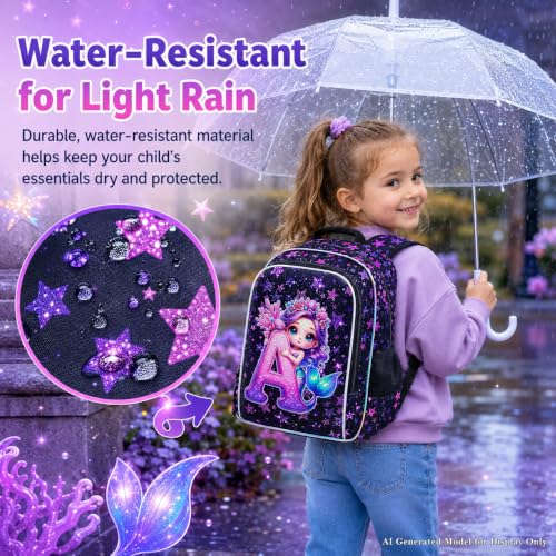 Image of CCJPX 16 inch Mermaid Backpack for Girls, 3Pcs Kids Bookbag with Lunch Box, Water Resistant Elementary School Bag for Kindergarten Preschool Toddler (Black)