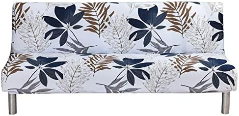 MIFXIN Armless Sofa Cover Futon Slipcover Stretch Elastic Polyester Folding Sofa Bed Non-Armrest Couch Furniture Protector Spandex Printed Washable Sofa Cover Without Armrests (Grey Blue Leaf)