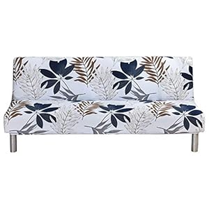 MIFXIN Armless Sofa Cover Futon Slipcover Stretch Elastic Polyester Folding Sofa Bed Non-Armrest Couch Furniture Protector Spandex Printed Washable Sofa Cover Without Armrests (Grey Blue Leaf)