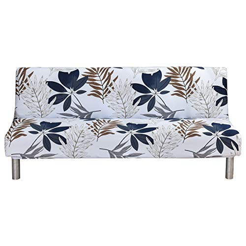 MIFXIN Armless Sofa Cover Futon Slipcover Stretch Elastic Polyester Folding Sofa Bed Non-Armrest Couch Furniture Protector Spandex Printed Washable Sofa Cover Without Armrests (Grey Blue Leaf)
