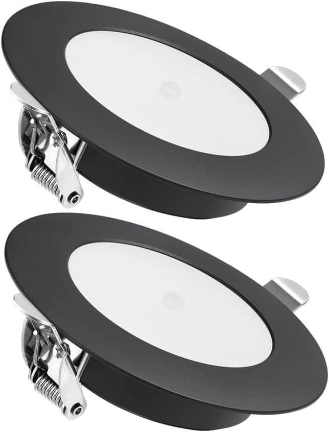 acegoo 12V LED Puck Light RV Boat Recessed Ceiling Light with On Off Dimming Switch 12 Volt Down Light for Camper Van Truck Trailer Interior Lighting, Flush Mount 2-Pack (Matte Black 3000K)