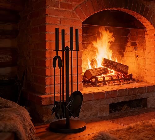 Calidola Lot de 4 outils de cheminée robustes avec support, 48 cm de haut, comprend pelle, tisonnier, brosse, pince, base lestée de 18 cm, acier revêtu de poudre noire