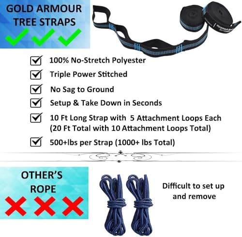 Gold Armour Camping Hammock - Portable Hammock Single Hammock Camping Accessories Gear for Outdoor Indoor Adult Kids, USA Based Brand (Black & Seafoam) - Thumbnail 2