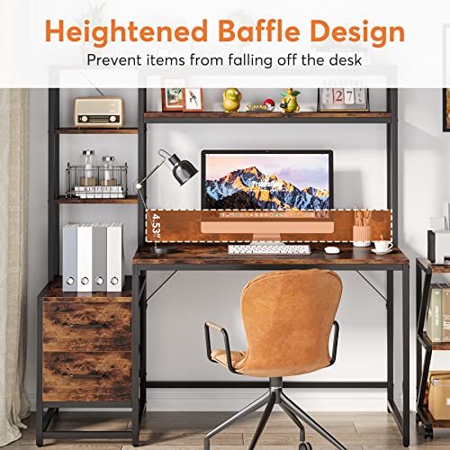 Image of Tribesigns 55 Inch Computer Desk with 2 Drawers and Storage Shelves, Rustic Office Desk with Hutch, Study Writing Gaming Table Laptop Workstation for Home Office (Brown)