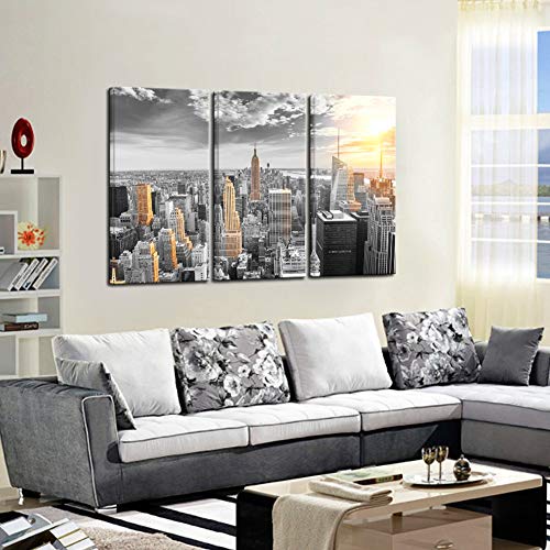 Levvarts - Large 3 Piece New York City Canvas Wall Art Empire State Building At Gold Sunset Pictures Poster Print Modern Cityscape Painting For Living Room Office Decor Framed Ready To Hang #TOP3