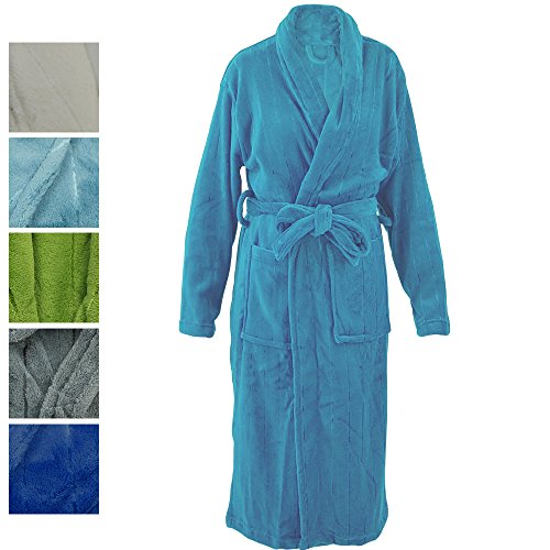 PROHEIM Peignoir Unisex Extra Doux de Robe de Chambre en Microfibre avec Texture Colar Fleece - Peignoir pour Le Bain ou Le Sauna avec Poches et Ceinture, Couleur:Bleu, Taille:S