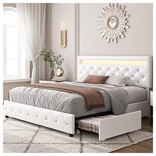 Keyluv Full Size Upholstered LED Bed Frame with 4 Storage Drawers and Adjustable Crystal Button Tufted Headboard, Platform Bed with Solid Wooden Slats Support, No Box Spring Needed, White