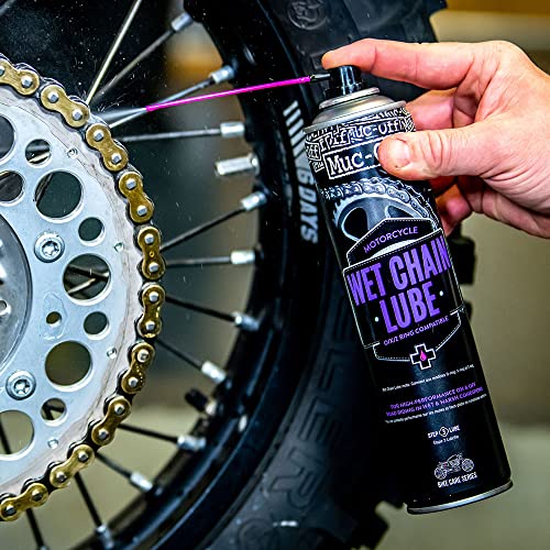 Muc Off Wet Motorcycle Chain Lube, 400 Milliliters - Premium Motorbike Chain Lubricant Spray - Formulated for Wet Weather Conditions