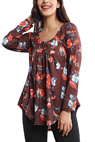 Bzonly Women's Long Sleeve Loose Casual T-shirts Rose Floral Printed Tee Swing Tunic Tops Shirts (Brown LS02, Large)