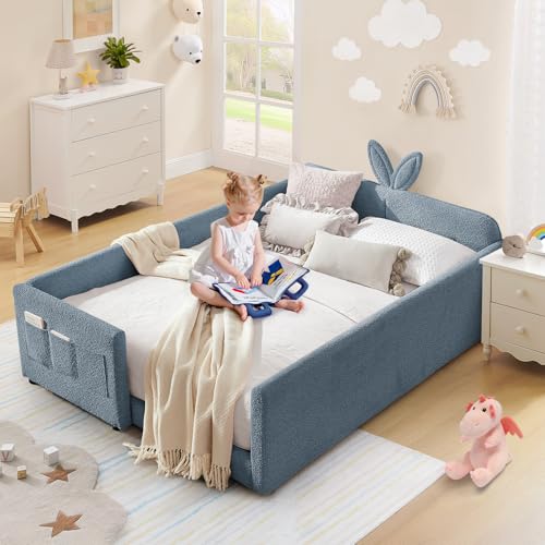 Image of Full Size Kids Bed with Rabbit Ear Headboard, Upholstered Boucle Fabric Full Daybed with Slats Support & Side Pockets, Space-Saving Wooden Corner Sofa Couch Bed Frame for Girls, Boys, Teenager(Blue)