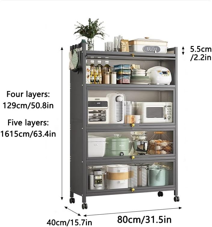 5-Tier Rolling Kitchen Storage Rack with Lockable Wheels, Metal Microwave Stand & Cabinet with Visible Door, Perfect for Organizing Cookware, Utensils, and Bowls