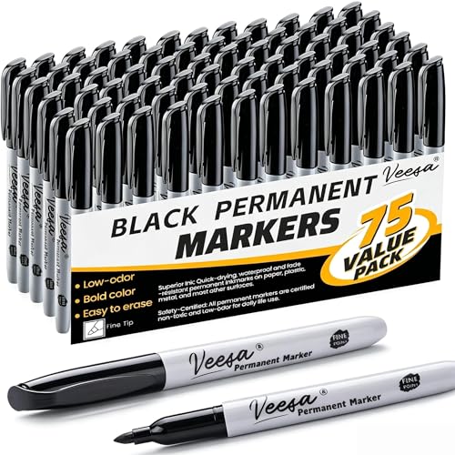 Image of VEESA Black Permanent Markers Fine Tip, 75 Count, Quick Drying | Water- & Fade-Resistant, Marks on Wood Plastic Paper Metal