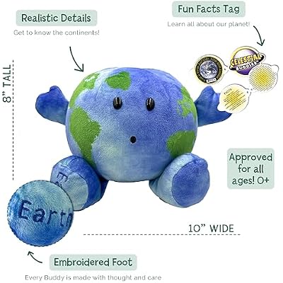 Celestial Buddies Little Earth Buddy | دمية محشوة ناعمة مقاس 10 بوصات، علامة حقائق ممتعة عن الكواكب للأطفال، هدية تعليمية لتعلم العلوم والتكنولوجيا والهندسة والرياضيات، في الفصول الدراسية والتعليم المنزلي، علوم الفضاء وعلم الفلك | 0+