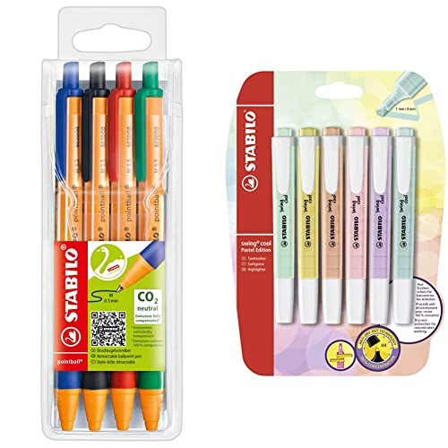 STABILO-Druck-Kugelschreiber-pointball-4er Pack-blau, schwarz, rot, grün & Textmarker-swing cool Pastel-6er Pack-6 Farben