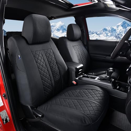 Image of Truckiipa Custom for Toyota Tacoma Front Pairs Car Seat Covers, Leather Waterproof Truck Seat Cushion Covers Fit for 4th Gen 2024 2025 2026 Toyota Tacoma Double Crew Cab, Front Pair, Black